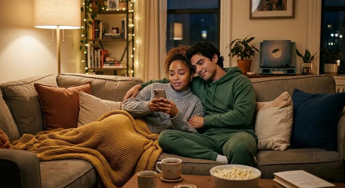 Couple at home browsing a business's app together on a phone
