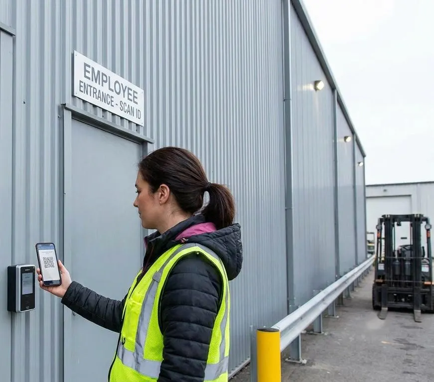 Empleada entrando a las instalaciones con un gafete móvil en el teléfono