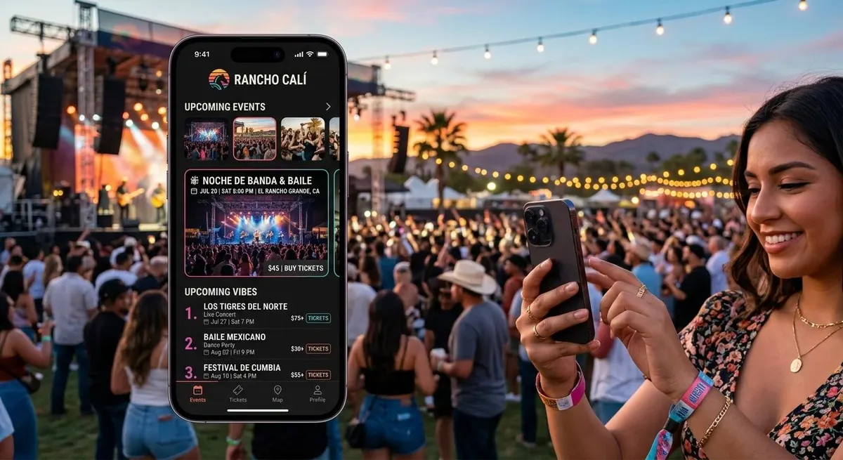 App de eventos con próximas presentaciones, sostenida en un concierto al aire libre