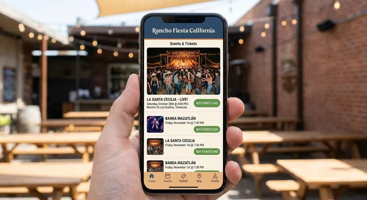Events and tickets app on a phone at an outdoor venue patio