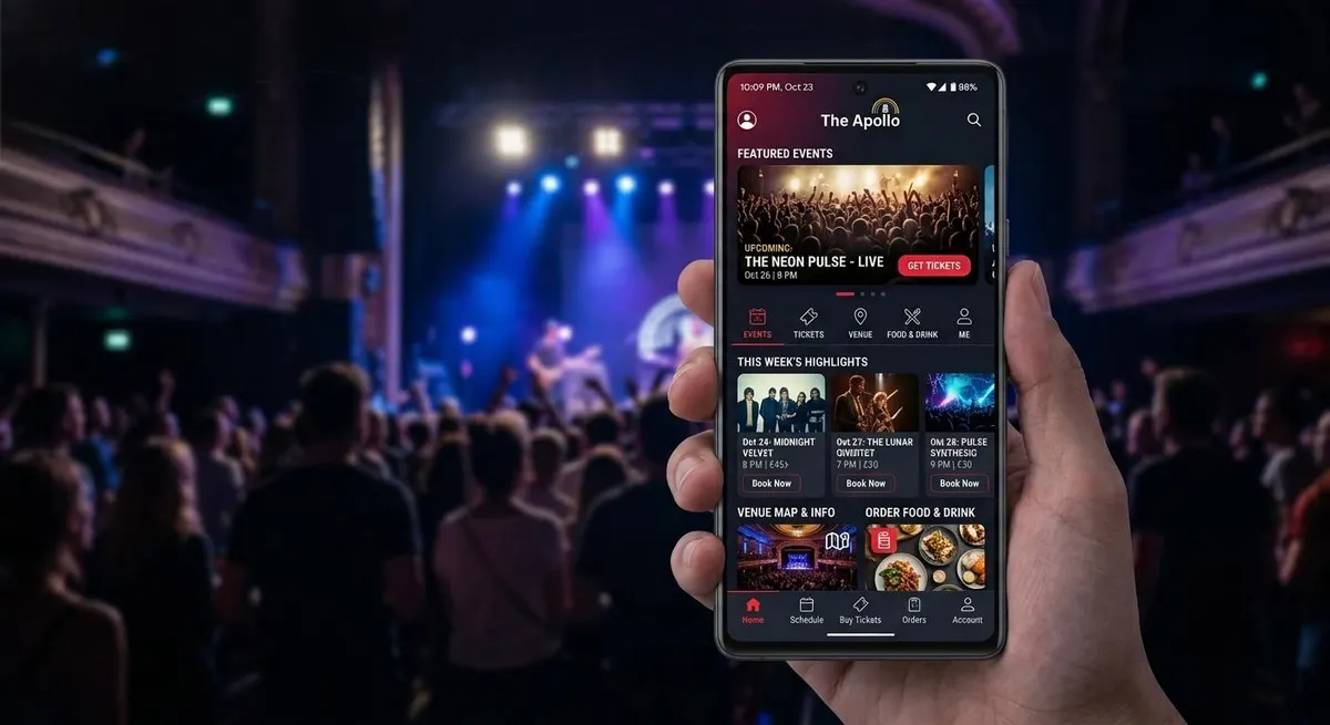 Live music venue's events app on a phone in front of a lit stage