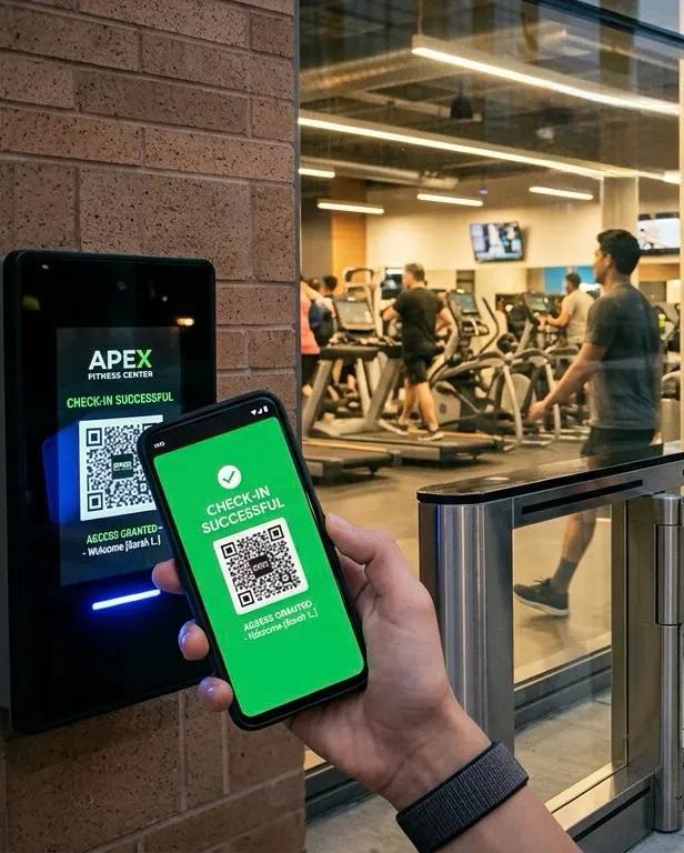 Fitness center member checking in with a QR code on her phone