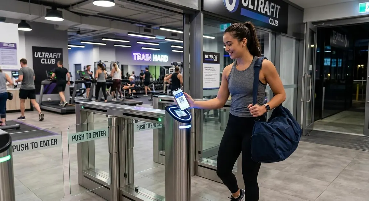 Gym member scanning in at an access turnstile