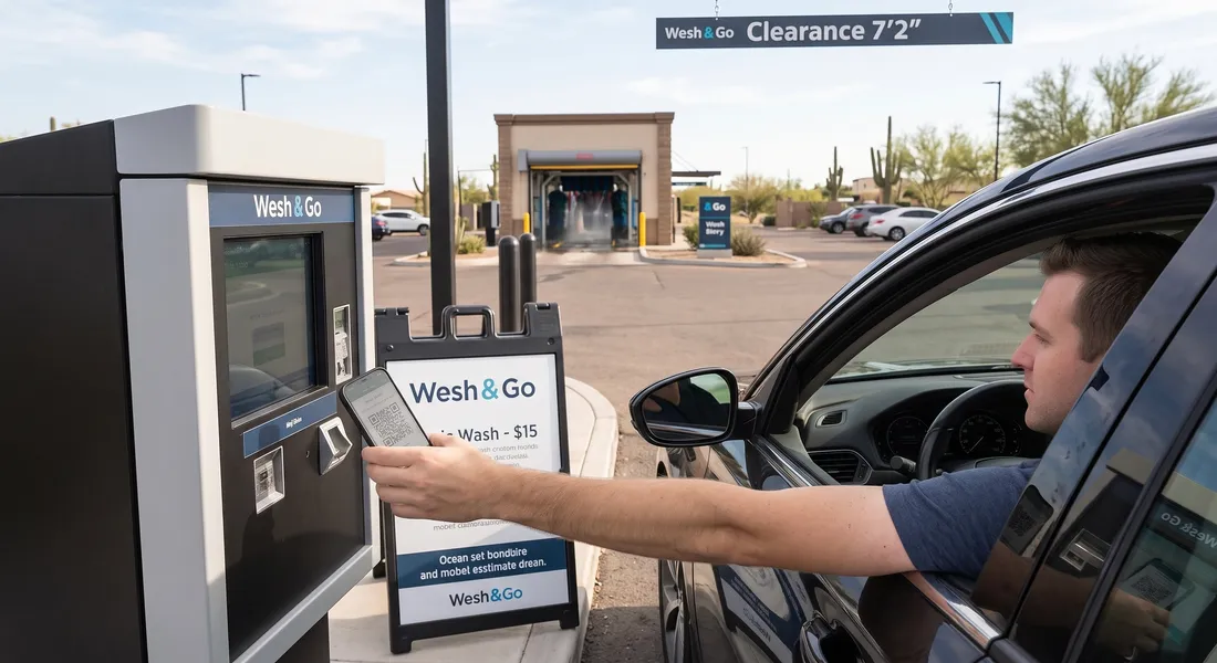 Driver paying at a self-service car wash kiosk using a phone QR code