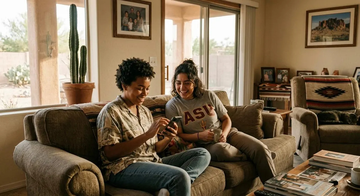 Dos amigas en casa revisando una notificación de app en el teléfono