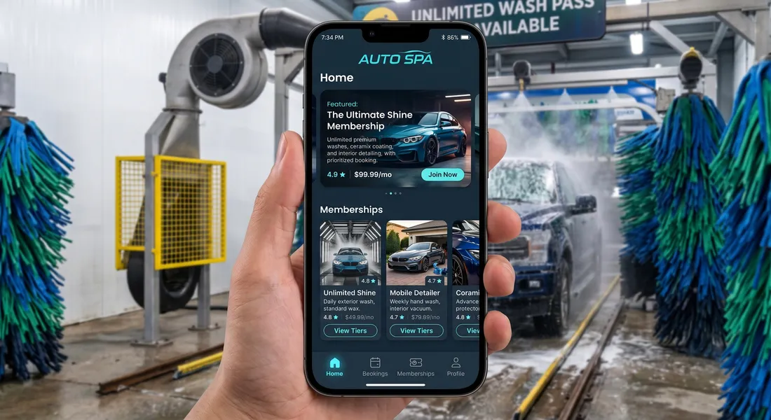 App de membresías de car wash en un teléfono, mostrando planes mensuales y recompensas