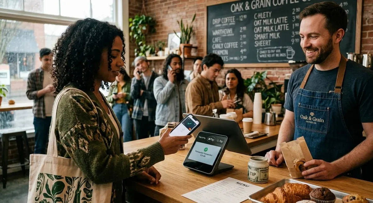 Cliente pagando con contacto en la terminal punto de venta de una cafetería
