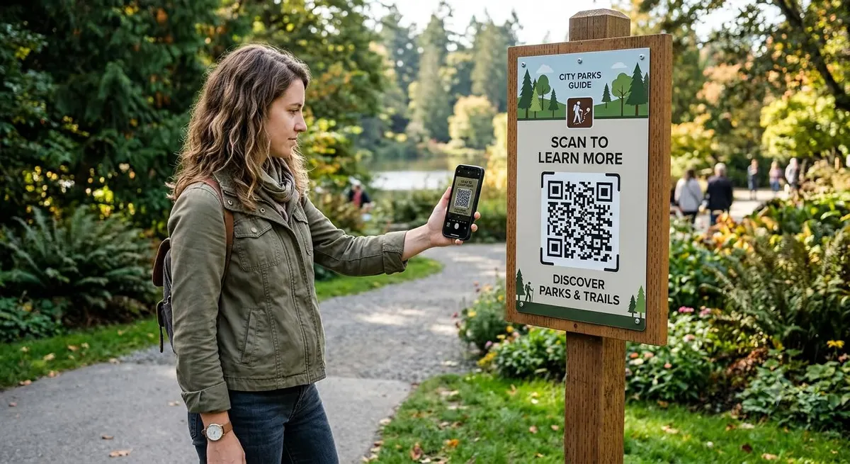 Visitor scanning a QR code on park signage to open a mobile guide