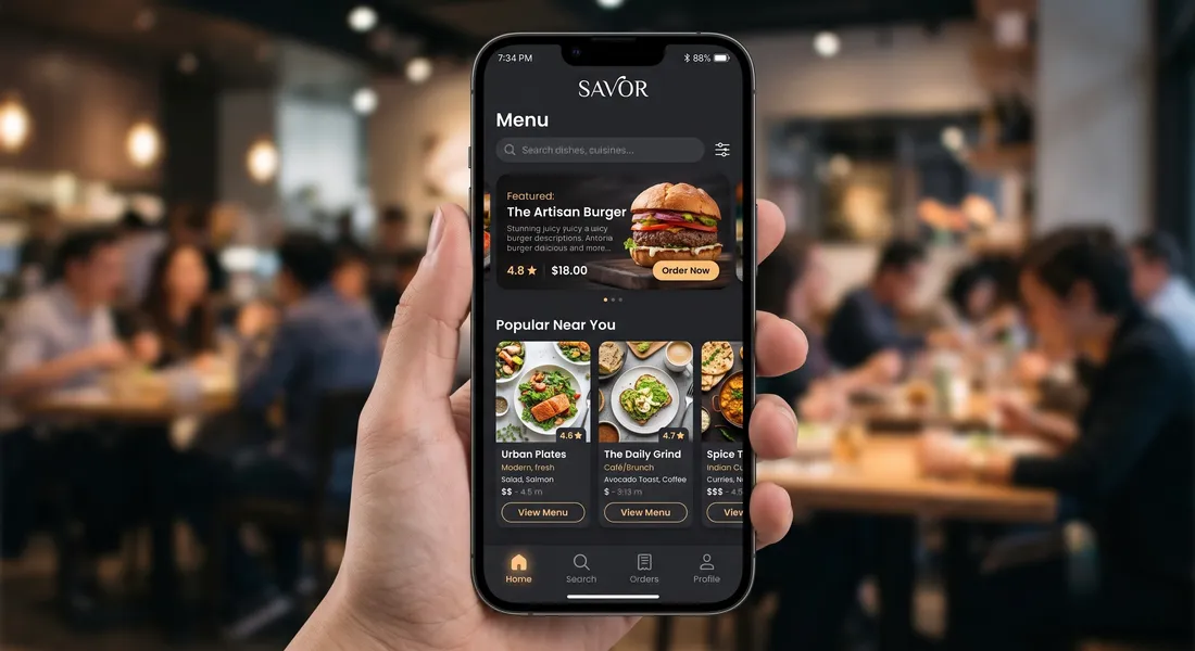 Restaurant ordering app on a phone showing a menu and an Order Now button