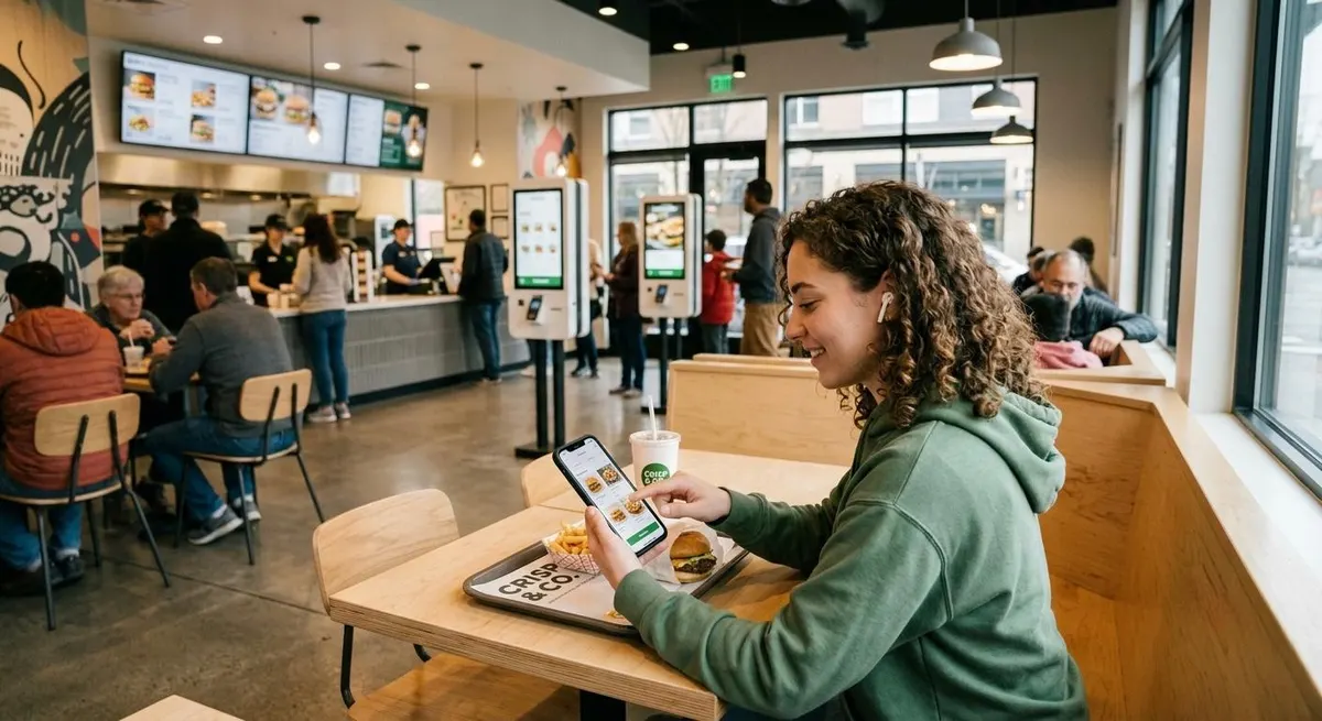 Customer ordering on her phone at a counter-service restaurant with digital menu boards