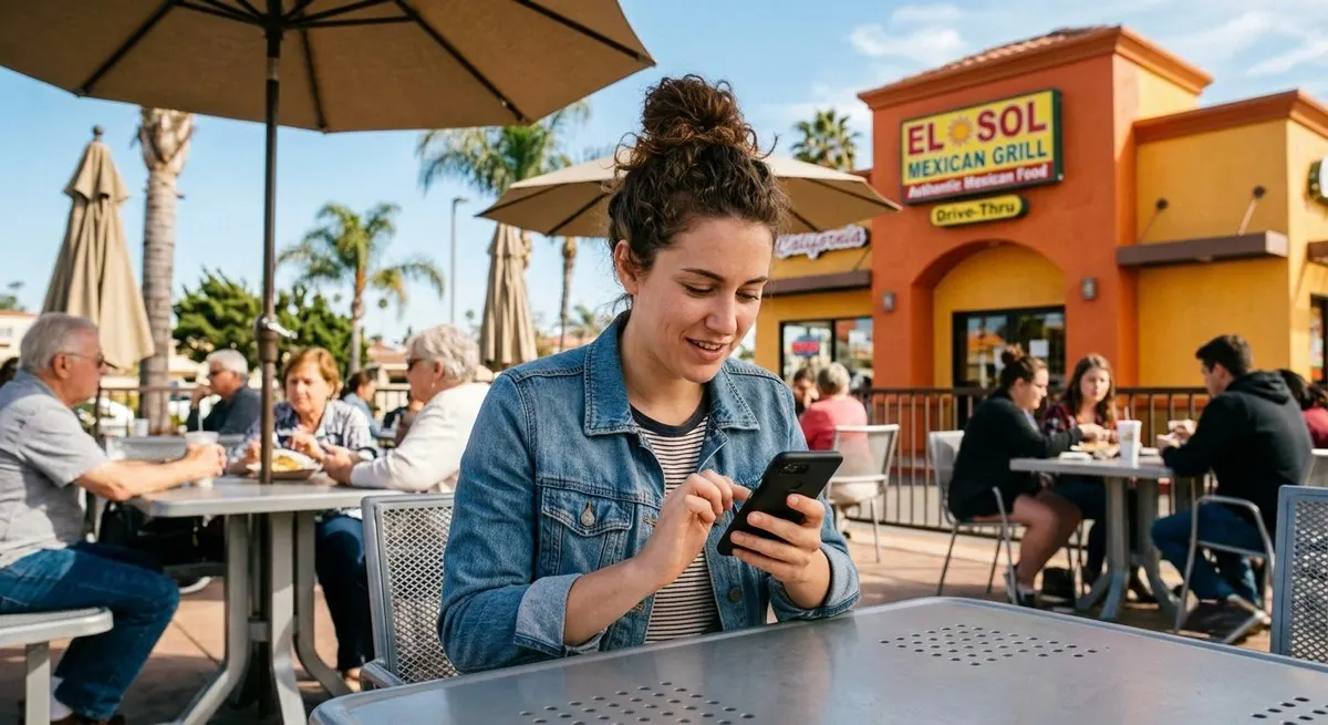 Cliente pidiendo desde su teléfono en el patio de un restaurante