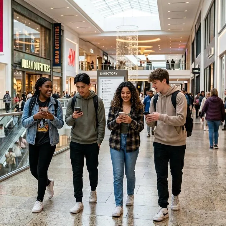 Compradores caminando por un centro comercial revisando sus teléfonos