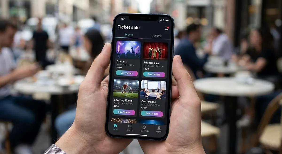 Compra de boletos en una app desde la mesa de un café