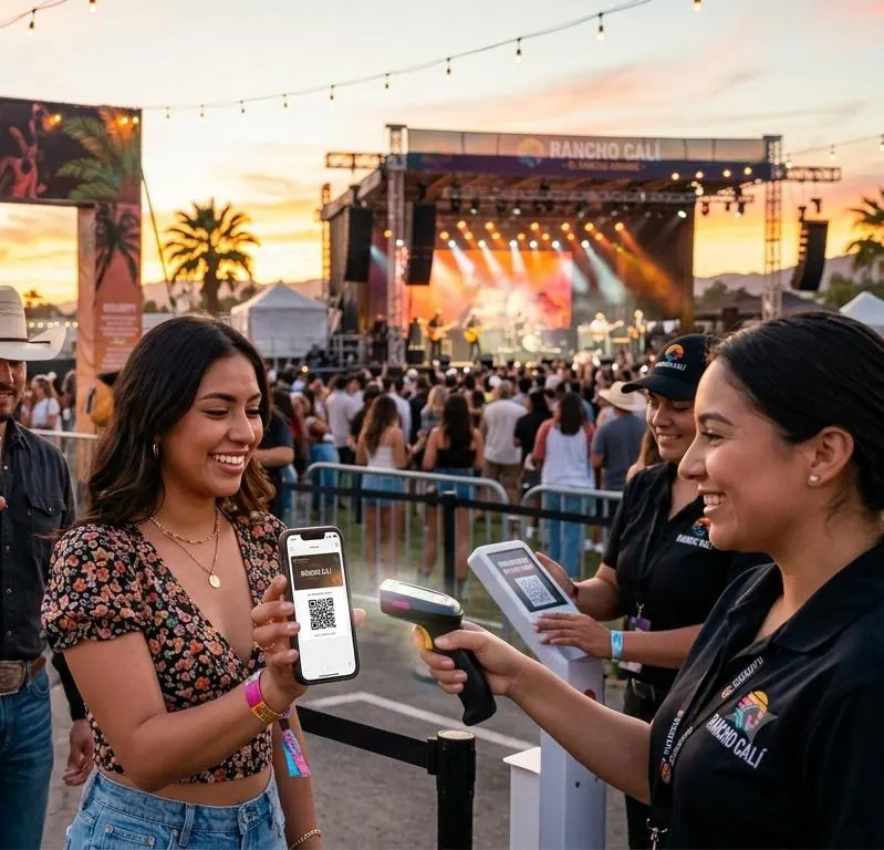 Personal escaneando el boleto móvil de un invitado en la puerta de un festival