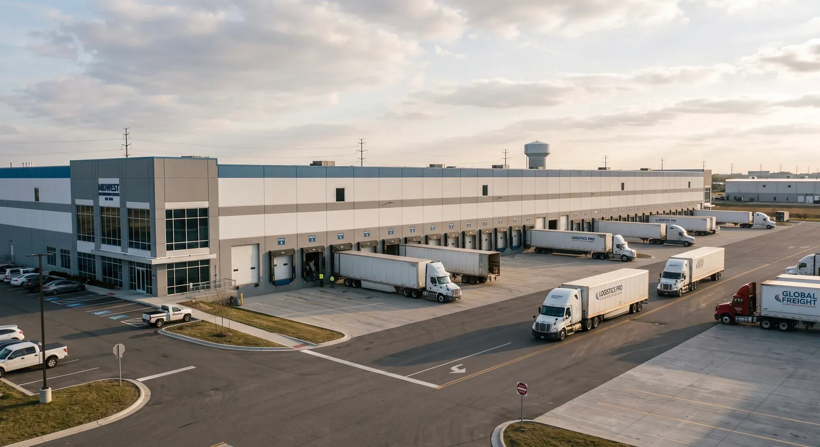Centro de distribución con andenes de carga y tráileres