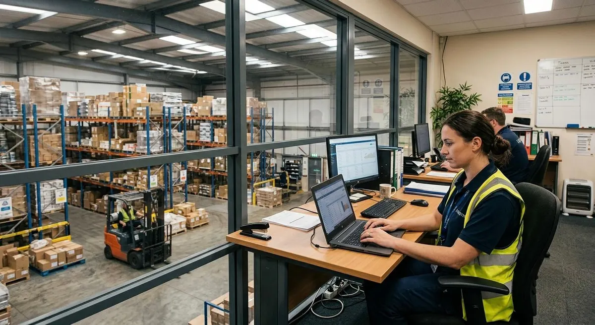 Operations office overlooking the warehouse floor, with live reports on screen