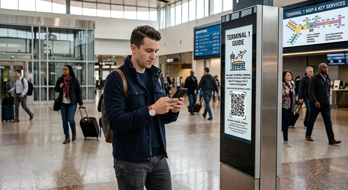 Viajero usando un kiosco de directorio digital en la terminal de un aeropuerto